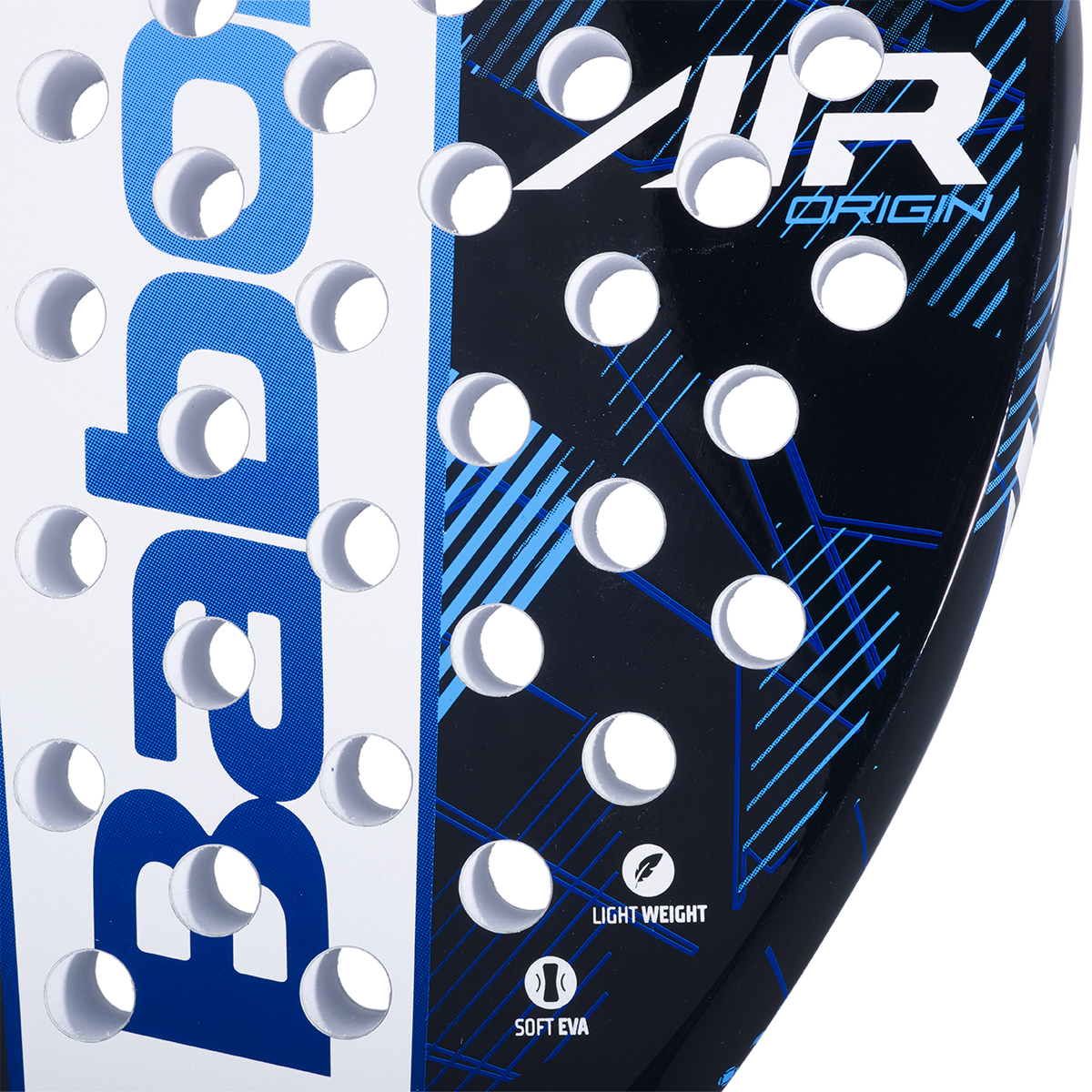 Raquette de padel Babolat Air Origin, détail de la surface de frappe avec le marquage AIR ORIGIN