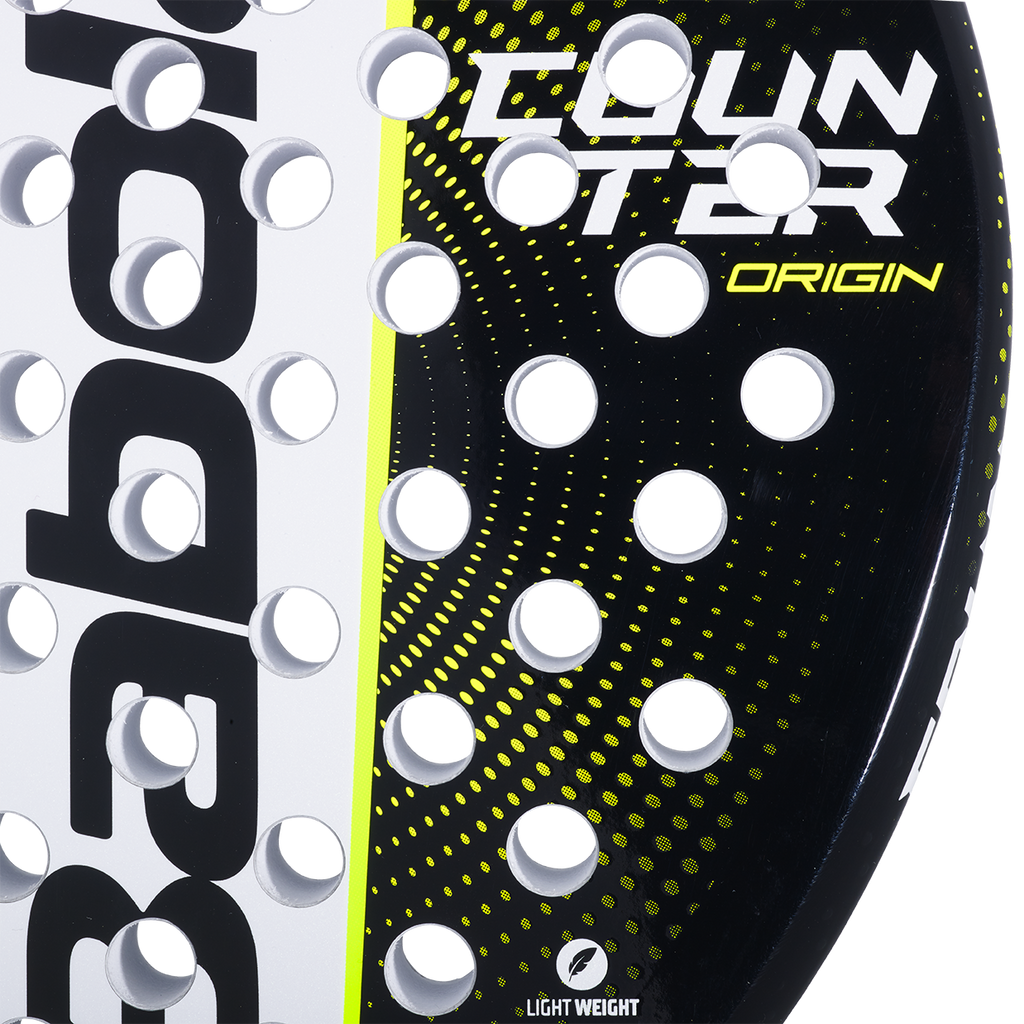 Raquette de padel Babolat Counter Origin, détail de la surface de frappe avec le marquage COUNTER ORIGIN