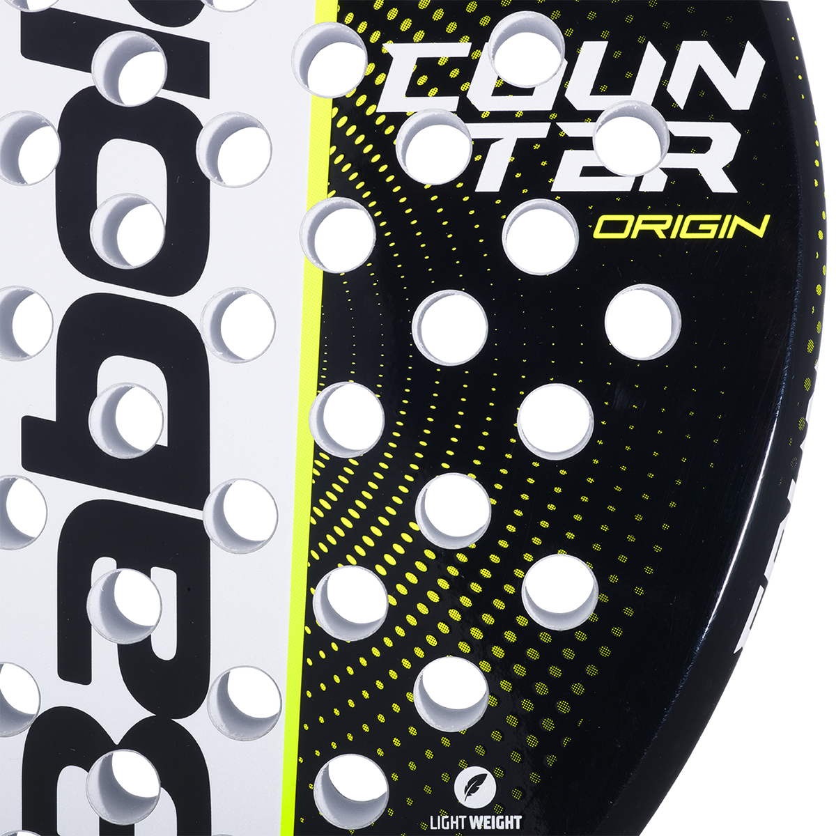 Raquette de padel Babolat Counter Origin, détail de la surface de frappe avec le marquage COUNTER ORIGIN