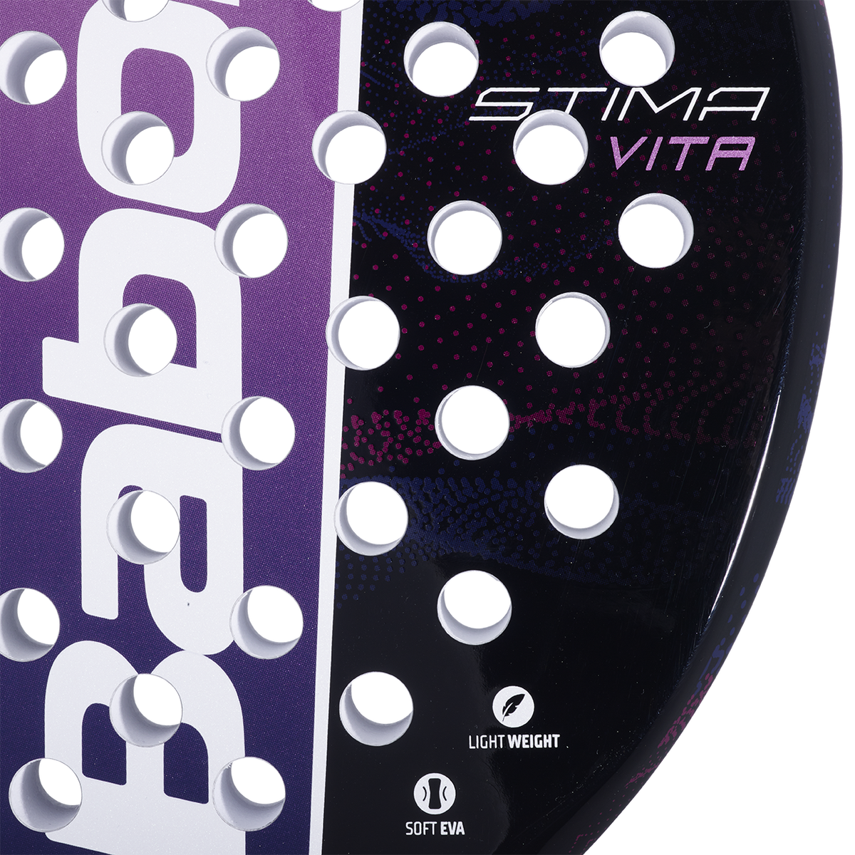Raquette de padel Babolat Stima Vita, détail de la surface de frappe avec le marquage STIMA VITA