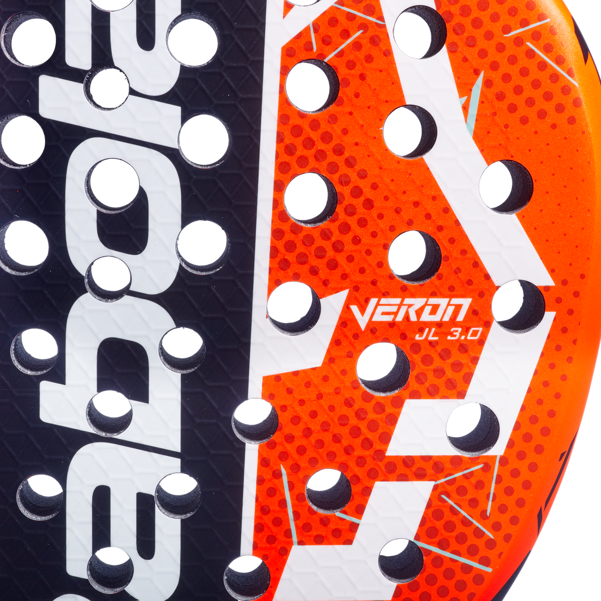 Raquette de padel Babolat Veron Juan Lebrón 3.0, détail de la surface de frappe avec le marquage VERON JL 3.0