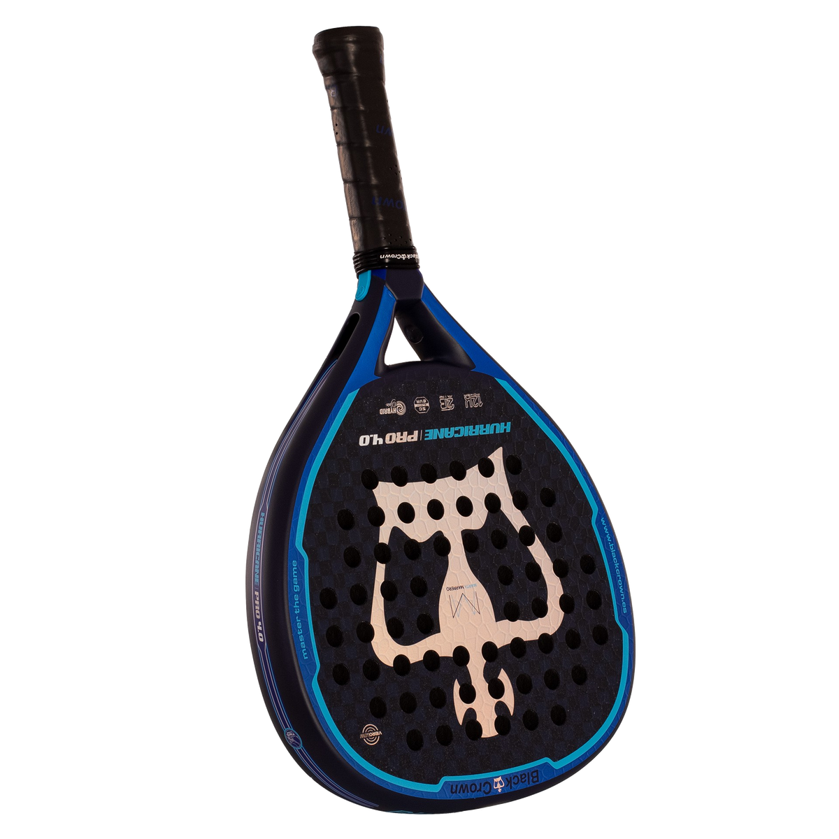 Raquette de padel Black Crown Hurricane Pro 4.0, vue inclinée du tamis