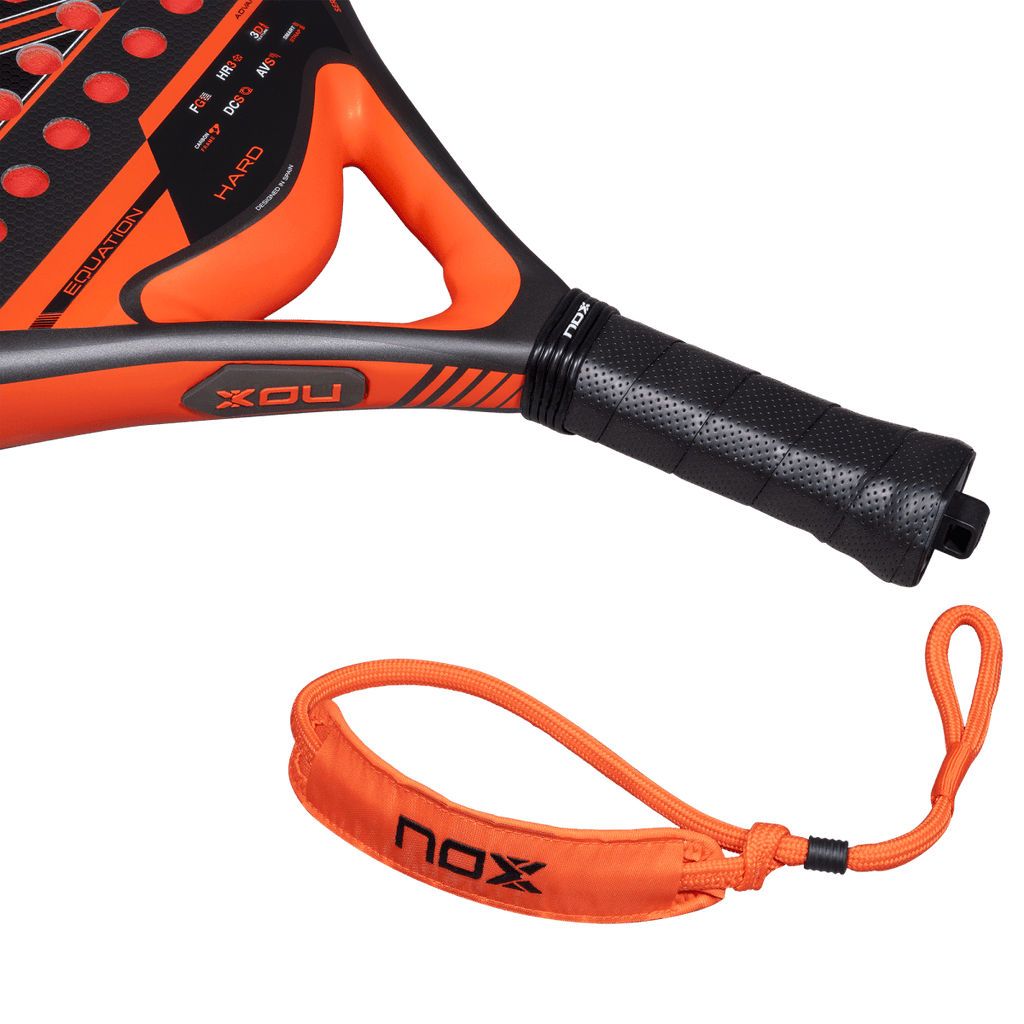 NOX Equation HARD Advanced 2027 padel racket, close-up of the handle and the wrist strap