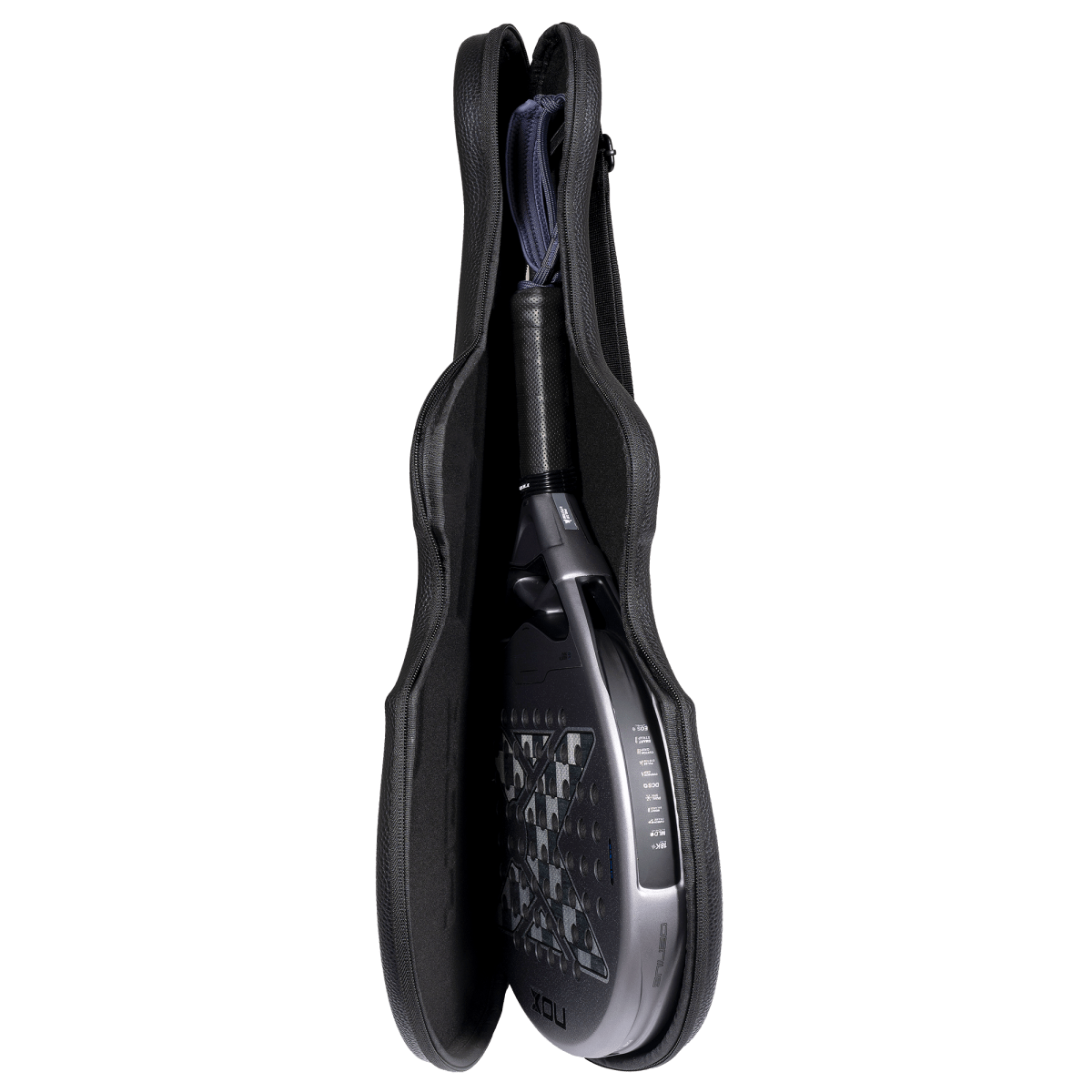 Raquette de padel NOX Genius 18K Alum 2027 by Agustín Tapia, dans son étui exclusif en forme de violon, vue de profil