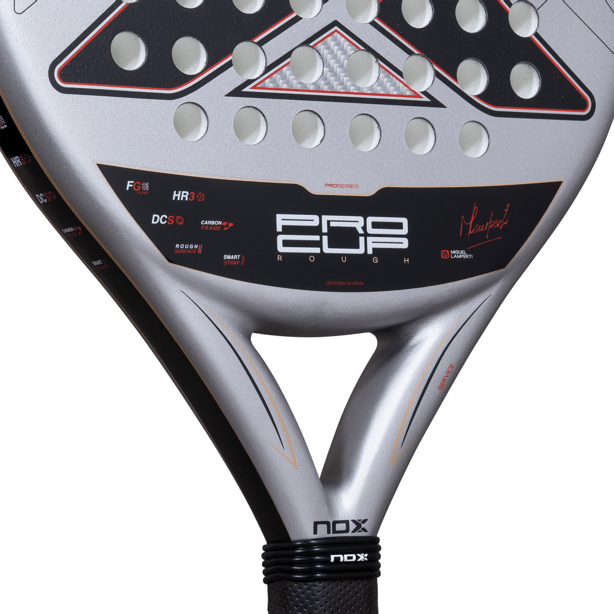 NOX ML10 Pro Cup Rough 2027 padel racket by Miguel Lamperti, close-up of the heart