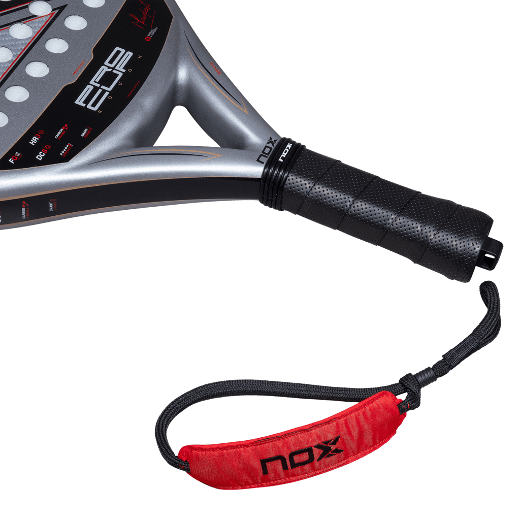 NOX ML10 Pro Cup Rough 2027 padel racket by Miguel Lamperti, close-up of the handle and the wrist strap