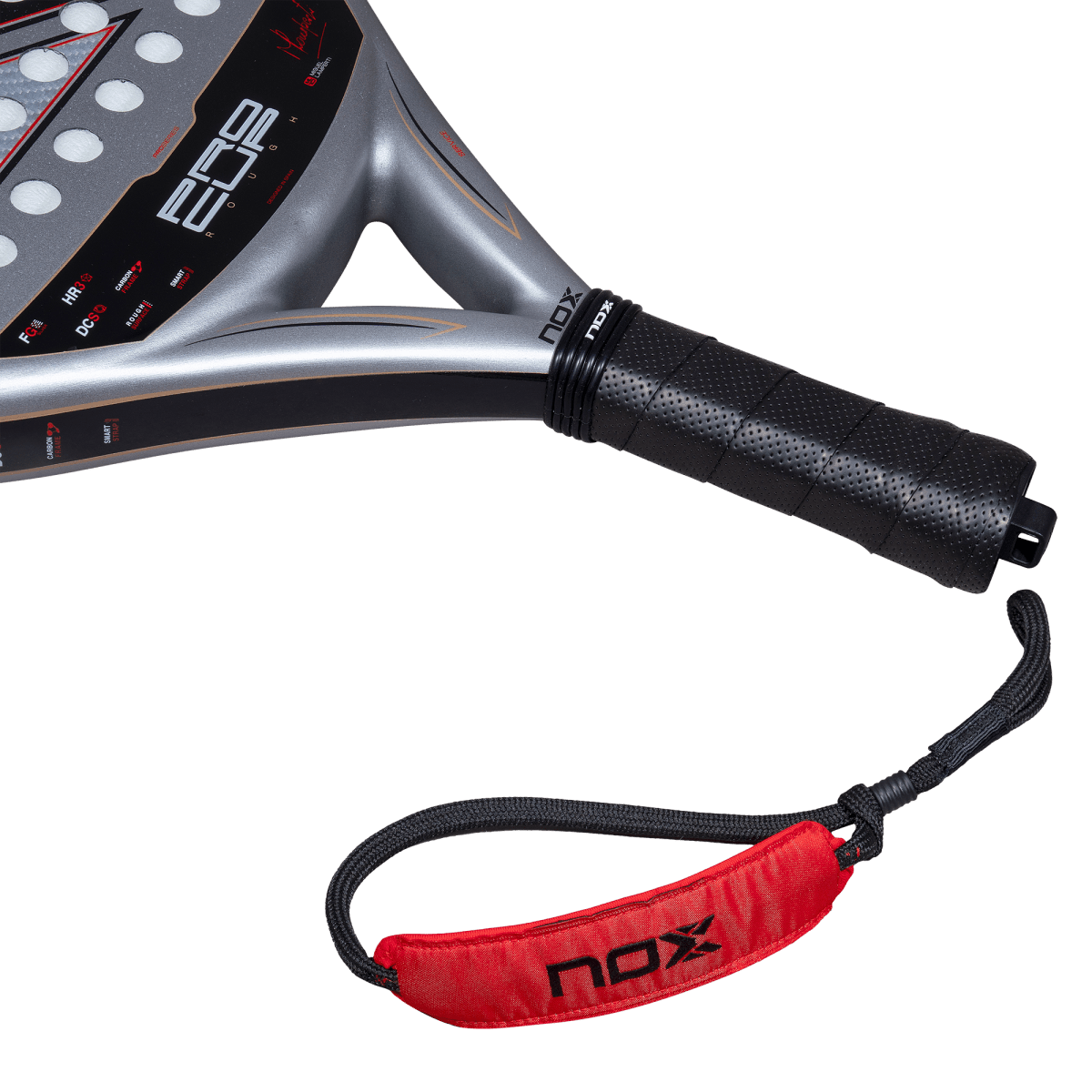 NOX ML10 Pro Cup Rough 2027 padel racket by Miguel Lamperti, close-up of the handle and the wrist strap