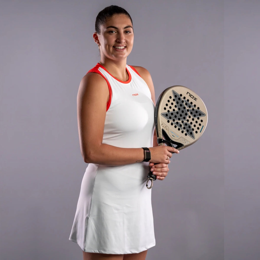 NOX Ventus Hybrid 12K Lite 2027 padel racket, a player holding the racket, studio portrait