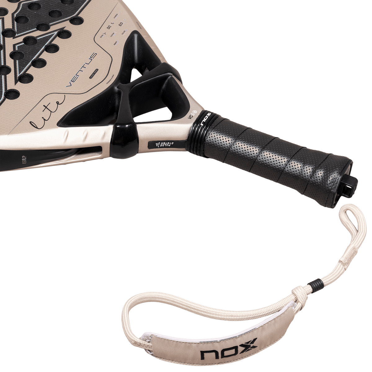 NOX Ventus Hybrid 12K Lite 2027 padel racket, close-up of the handle and the wrist strap